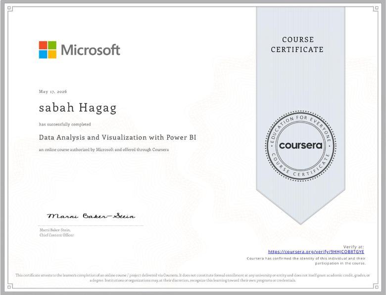 Data Analysis and Visualization with Power BI certificate