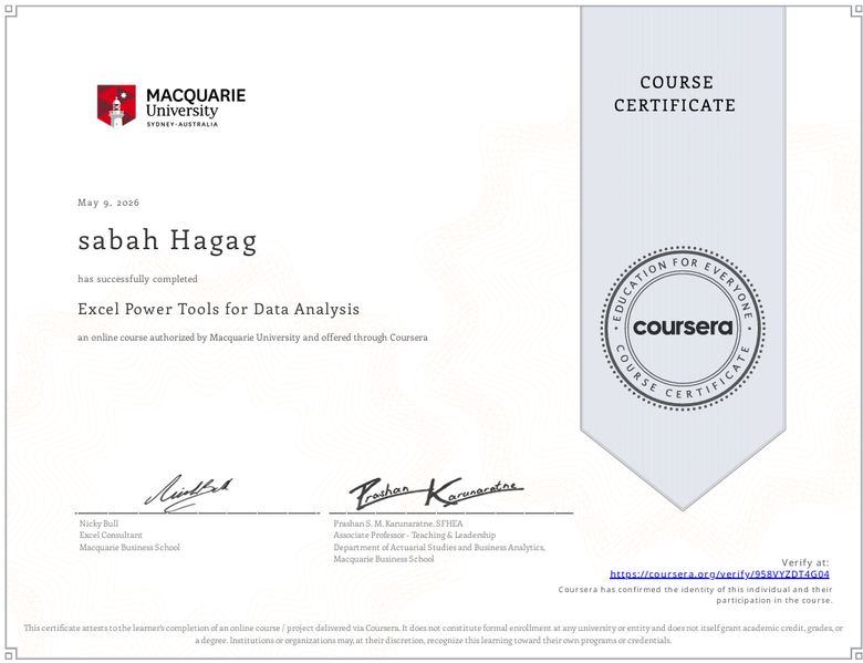 Excel Power Tools for Data Analysis certificate