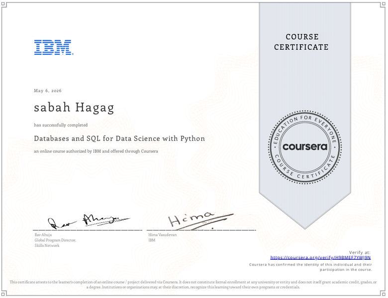 Databases and SQL for Data Science with Python certificate